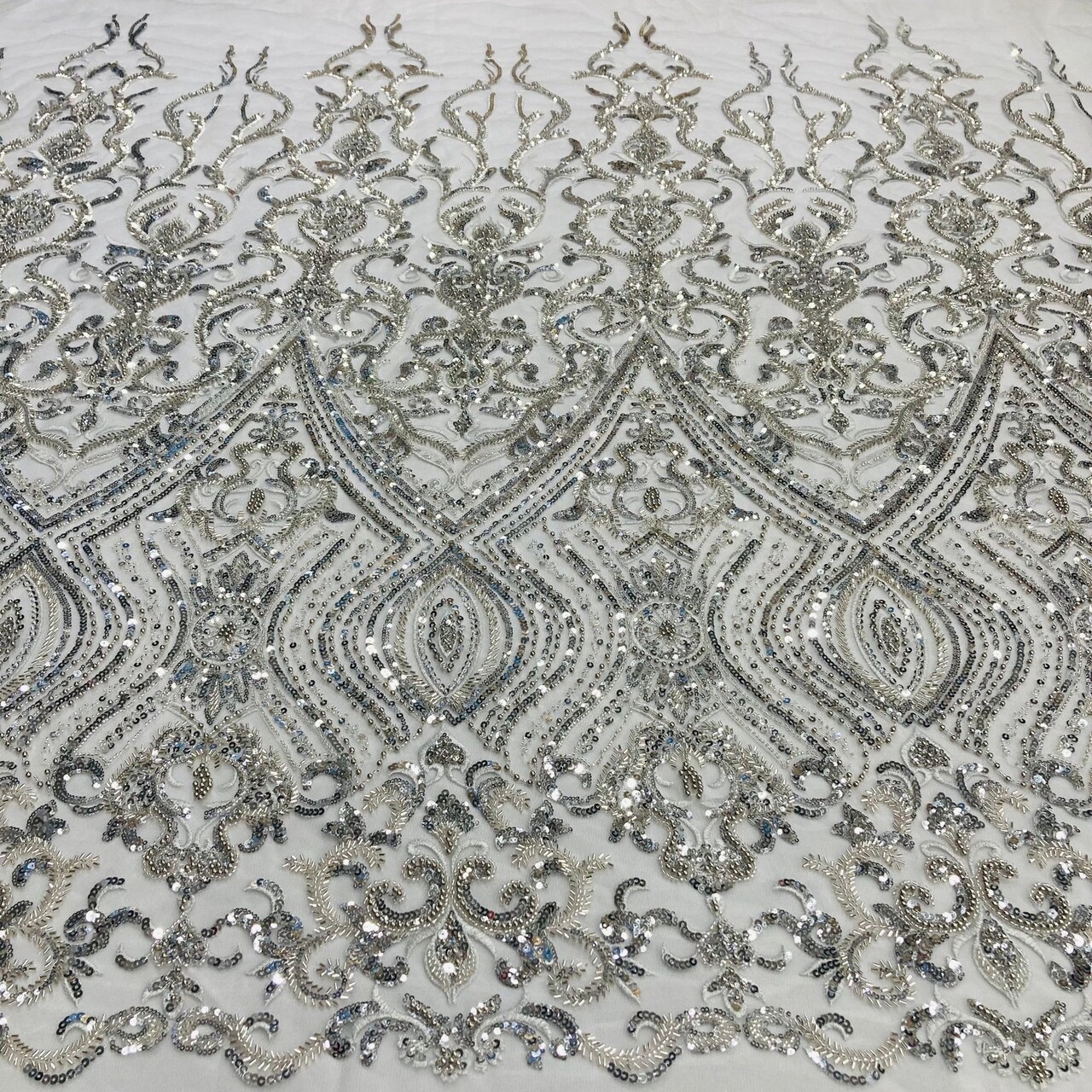 1 Yard Beaded Lace with Sequins & Pearls 52″ Wide Embroidered Polyester Net Mesh for Bridal & Formal Gowns